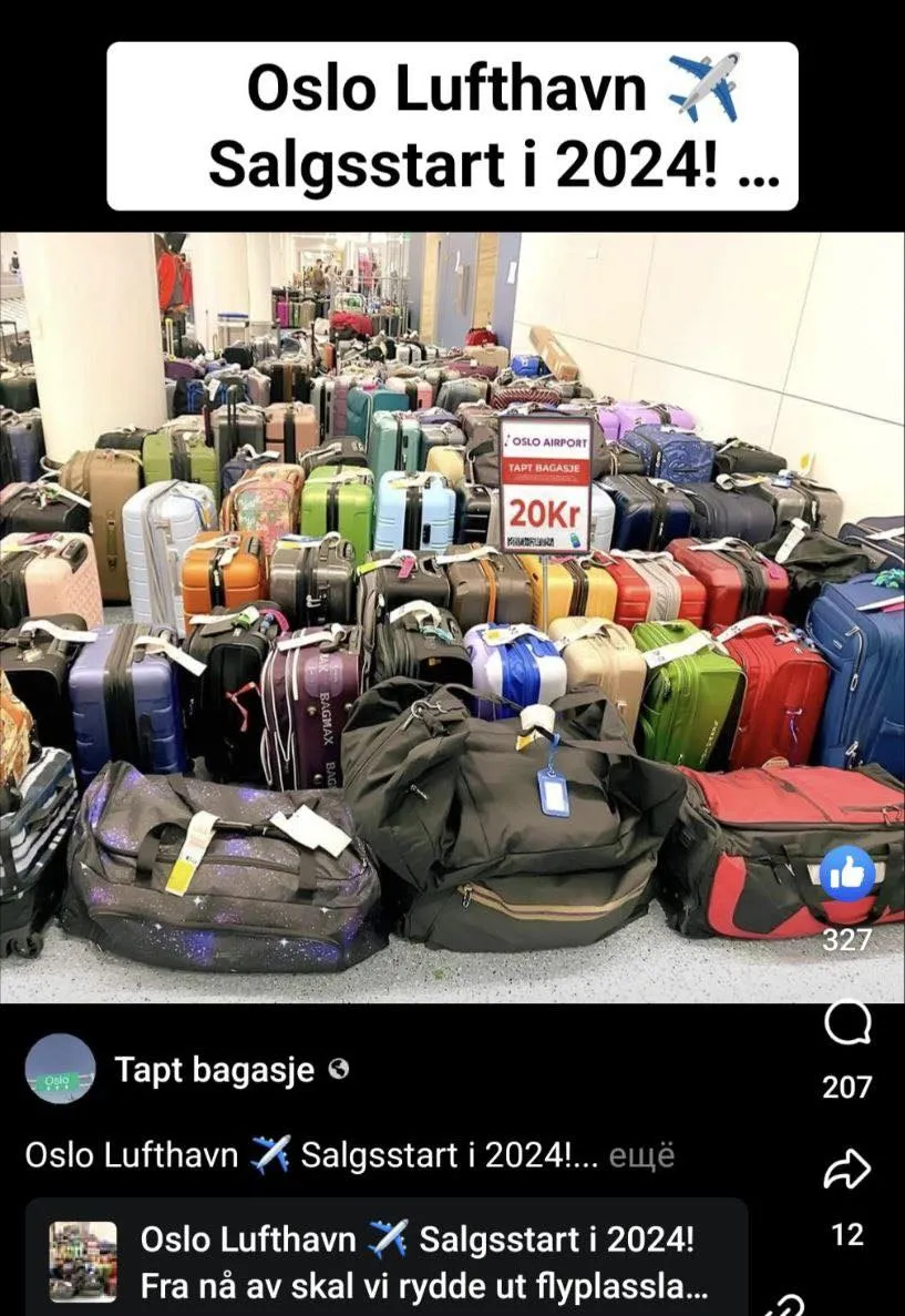 Predaj stratenej batožiny na letisku Oslo - Letisko Oslo varuje pred podvodmi
