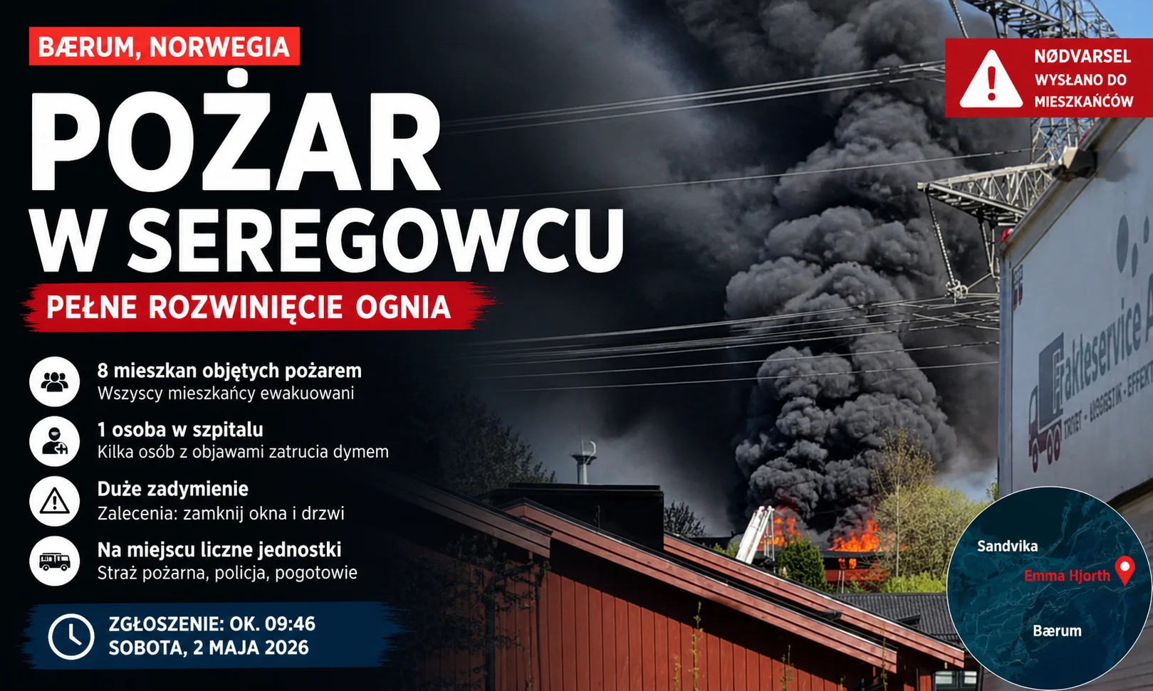 Pożar w Bærum. Ogień objął szeregowiec – wysłano alert do mieszkańców